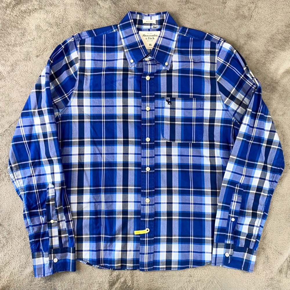 Abercrombie & Fitch Button Down Mens XL Blue Plaid Muscle Fit Long Sleeve Shirt